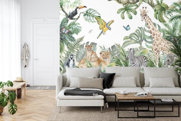 Fototapeta Children's Wallpaper  Watercolor Jungle And Animals. Lions  Giraffe  Elephant  Parrots  Zebra  Lemur