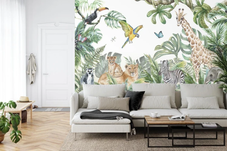 Fototapeta Children's Wallpaper  Watercolor Jungle And Animals. Lions  Giraffe  Elephant  Parrots  Zebra  Lemur
