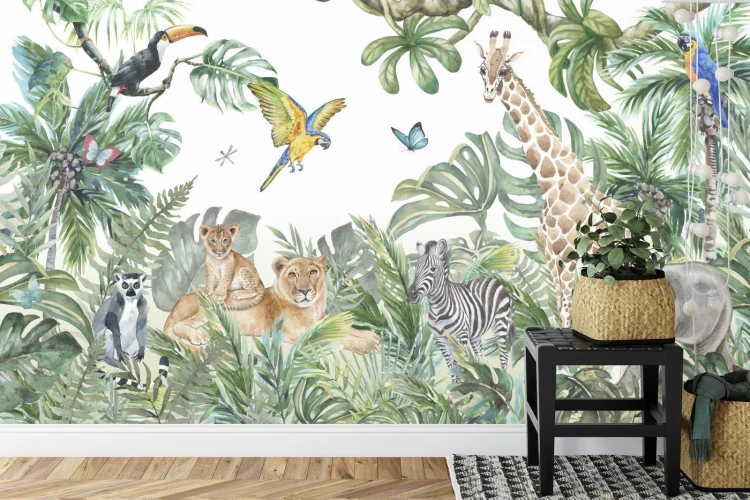 Fototapeta Children's Wallpaper  Watercolor Jungle And Animals. Lions  Giraffe  Elephant  Parrots  Zebra  Lemur