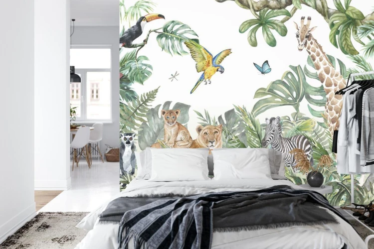 Fototapeta Children's Wallpaper  Watercolor Jungle And Animals. Lions  Giraffe  Elephant  Parrots  Zebra  Lemur