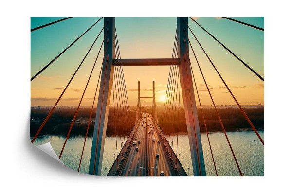 Fototapeta Beautiful Panoramic Aerial Drone View To Cable-Stayed Siekierkowski Bridge Over The Vistula River And Warsaw City Skyscrapers  Poland In Gold Red Autumn Colors In November Evening At Sunset