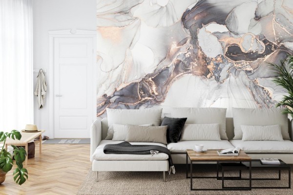 Fototapeta Luxury Abstract Fluid Art Painting In Alcohol Ink Technique  Mixture Of Black  Gray And Gold Paints. Imitation Of Marble Stone Cut  Glowing Golden Veins. Tender And Dreamy Design.