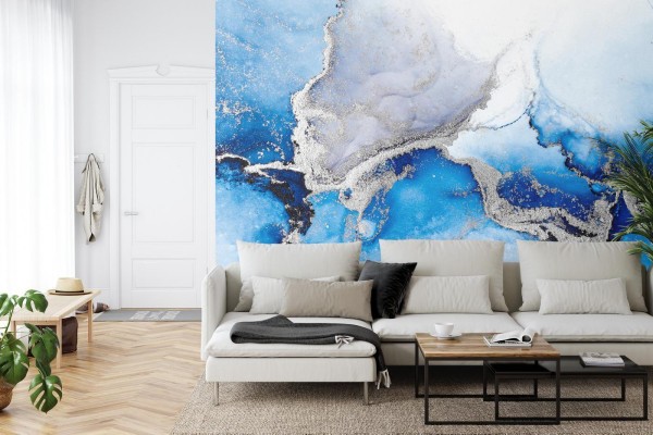 Fototapeta Blue Silver Abstract Background Of Marble Liquid Ink Art Painting On Paper