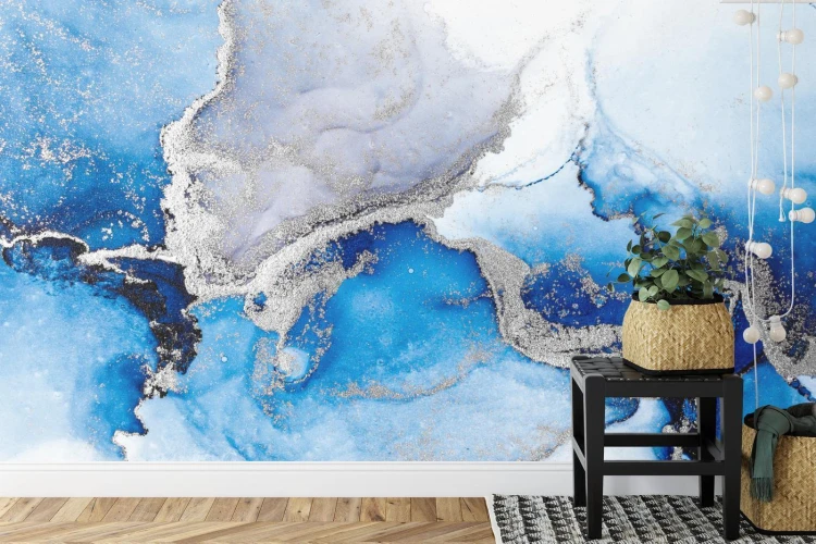 Fototapeta Blue Silver Abstract Background Of Marble Liquid Ink Art Painting On Paper