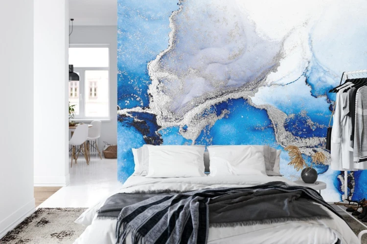 Fototapeta Blue Silver Abstract Background Of Marble Liquid Ink Art Painting On Paper