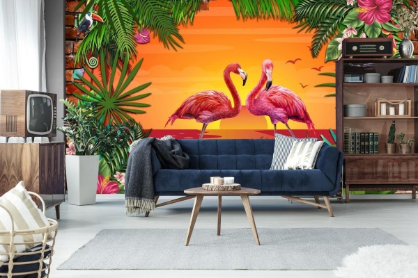 Fototapeta Flamingi Za Ceglaną Ścianą