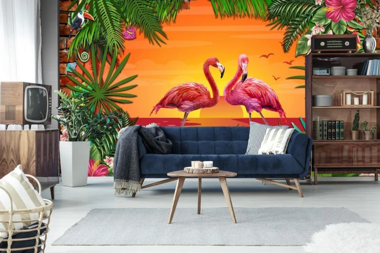 Fototapeta Flamingi Za Ceglaną Ścianą