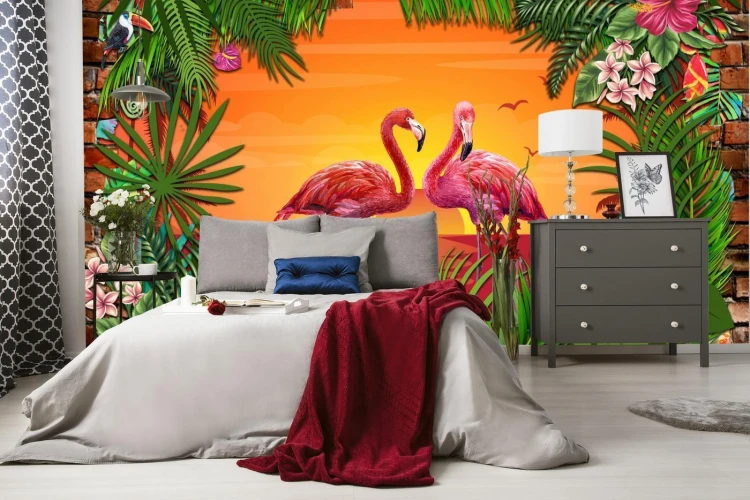 Fototapeta Flamingi Za Ceglaną Ścianą