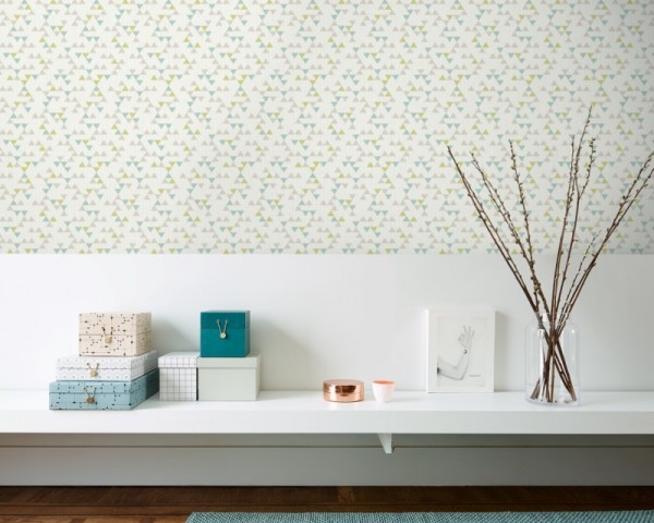 Tapeta un3105 Deco4walls Unplugged na flizelinie trójkąty kolor szary zielony wzory geomtryczne zmywalna